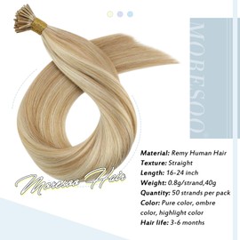 Moresoo Highlight Keratin Tip Hair Extensions Human Hair Blonde Itip 18 Inch Thick Bead in Hair Extensions Color #14 Honey Blonde Mixed with #613 Bleach Blonde Natural Straight Hair I Tip Hair 40g/50s