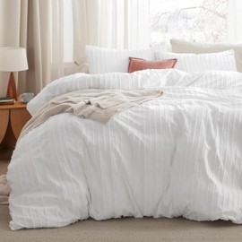Bedsure Striped Tufted Duvet Cover Queen - Shabby Chic Duvet Cover, 3pcs All-Season Size Boho Bedding for All Seasons, Includes 1 Queen Duvet Cover & 2 Pillowcases (White, Queen, 90"x90")