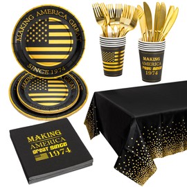 Crisky 50th Birthday Plates and Napkins Black Gold for Men 50th Birthday Party Decoration, Set of 24, Making Great Since 1974 (9" & 7" Plates, Napkin, 9oz Cups, 106"×54" Tablecloth, Knife & Fork)