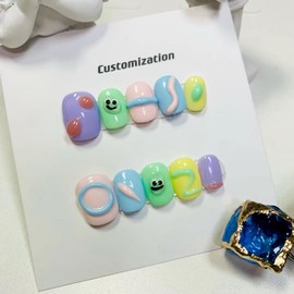 MAOLEETO Press on Nails, Short square Fake Nails Candy Party False Nails Large White Press on Nails for Women Girls Nail Art Decoration - Lagre