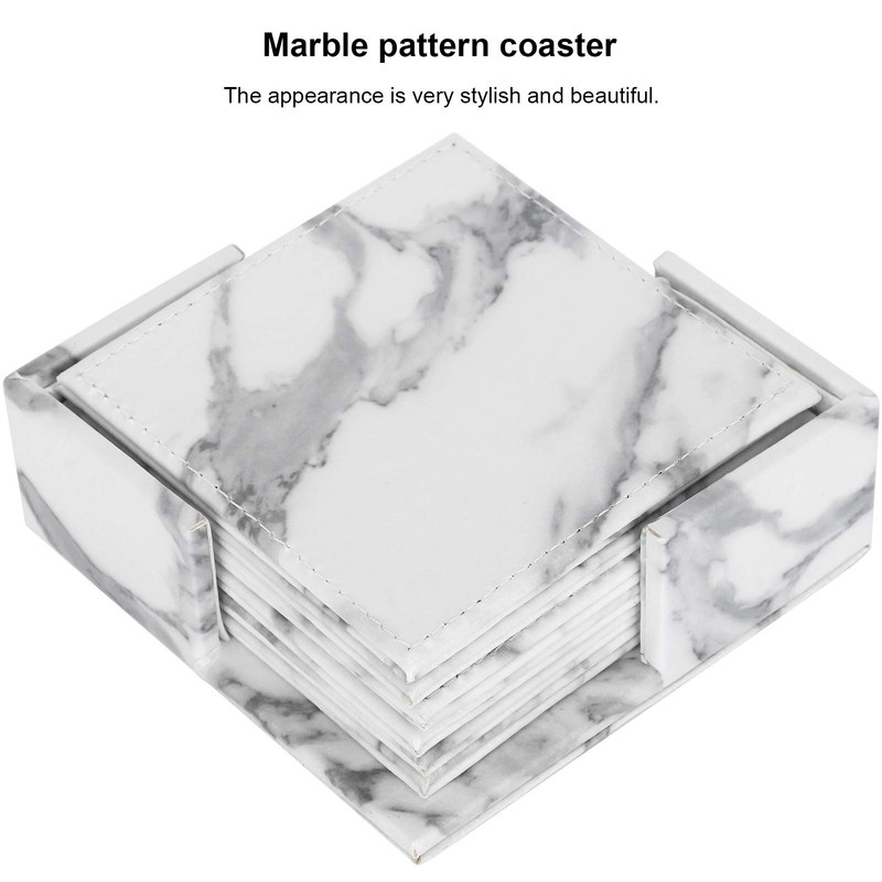 Marble Coasters for Drinks, 6PCS Square Marble White PU Leather