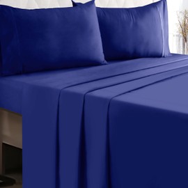 GLAMBURG Cotton Rich King Sheet Set - 4 Piece Deep Pocket King Size Bedding Sets with Marrowing - Ultra Soft, Wrinkle Resistant, Quick Dry, Easy Care King Sheets - Navy Blue