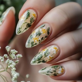 MISUD Press on Nails - Medium Almond Fake Nails with Summer Flower, Acrylic Green Leaf Design 24 pcs