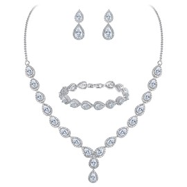 BriLove Women's Wedding Bridal Teardrop CZ Infinity Figure 8 Y-Necklace Tennis Bracelet Dangle Earrings Set Clear Silver-Tone