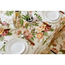 HeichkelL Country House Style Washable Cotton Tablecloth Printed Rectangular Tablecloth with Coloured Flowers and Leaves Beige 135 x 220 cm