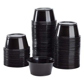 FAMASTON 50 Pack 4oz Portion Cups plastic containers disposable small tiny dipping shot Black food serving sauce 4 ounce oz mini bowls individual dessert jello snack souffle salsa dip jars party