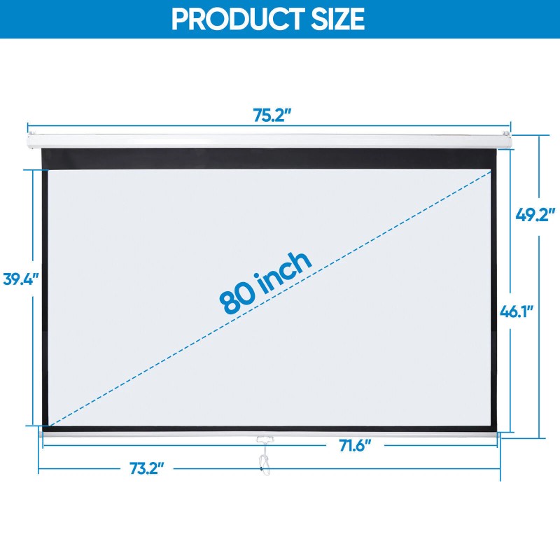 Segawe 80 Inch Projector Screen 16:9 4K HD Manual Pull
