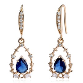 Teppdfann Sapphire Blue Dangle Earrings for Women – Elegant Gold Drop Dangle Earrings with Teardrop Sapphire Stone, September Birthstone Jewelry for Gift