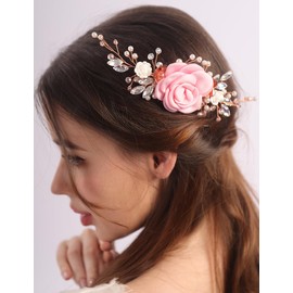 Rumtock Soft Pink Flower Hair Comb with Pearl Handmade Floral Hair Piece for Wedding Brides Women Side Headpiece (Pink)