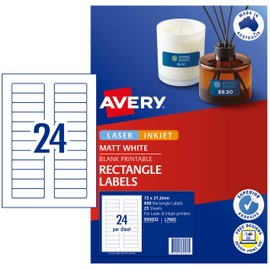 Avery A4 Matt Rectangle Labels - Product Stickers - Small Business Supplies - 72 x 21.2 mm, 600 Labels/25 Sheets (959032/ L7665)