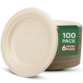 TaidMiao Paper Plates 6 Inches, 100 Pack Disposable Plates – 100% Compostable Plates, Water & Oil Proof Dessert Plates, Microwavable Small Paper Plates, Perfect Paper Plate For Party - Brown