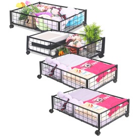 Kmise Underbed Storage With Wheels,Metal Under Bed Storage Containers For Bedroom Clothes Blankets Toy Book Bedding Shoes Storage Organizer (4 Pcs, Black)