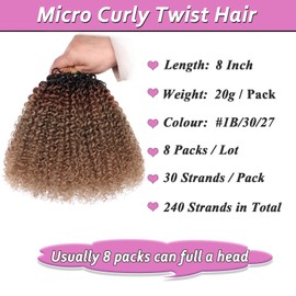 Samtress 8 Inch Omber Micro Curly Crochet Hair 8 Packs Pre Looped Micro Twist Kinky Curly Crochet Hair Synthetic for Women (#1B3027)