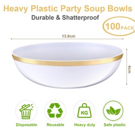 Newtay 100 Pcs Plastic Soup Bowls 14oz Disposable Heavyweight White with Gold Rim Bowls Elegant Chip Heavy Duty for Birthday, Wedding, Christmas or Event