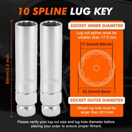 CASOMAN 2-Piece 10 Spline Lug Nut Key, Wheel Lock Removal Tool Kit for Easy Removing and Installing Aftermarket & Factory Wheel Tire Lug Nuts, CR-V Steel