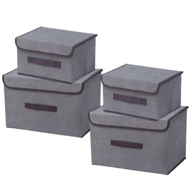 EURXLQ 4 Grey Foldable Storage Boxes with Lids (26 cm/2 Pack + 36 cm/2 Pack), Linen Fabric Foldable Storage Bin with Flip-Top Lid & Handles, Clothing Blanket Box for Home, Wardrobe