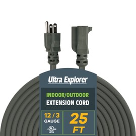 Ultra Explorer Grey Outdoor Extension Cord 25 Ft, 12/3 SJTW Heavy Duty Extension Cable with 3 Prong Grounded Plug, 15 AMP Power Cord for Lawn, Garden, Appliances
