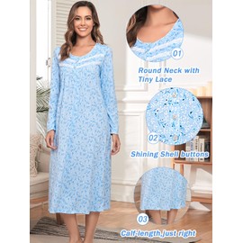 JRYNOEU Long Cotton Nightgowns for Women Long Sleeve Night Gowns Women's Sleepwear Full Length Nightdress Soft Loungewear