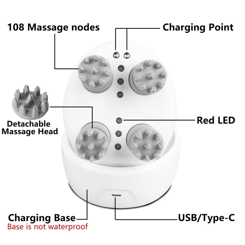 mxm2mxm Electric Head Massager Waterproof,with 4 Detachable Massage Heads,Wireless Portable