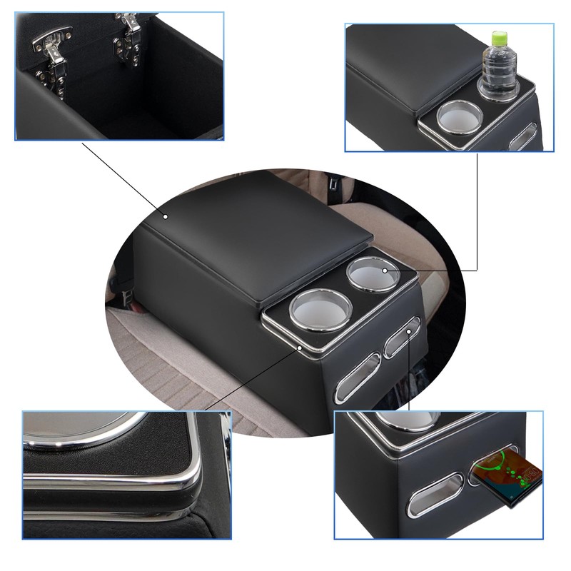Center Console Organizer Armrest Storage Box with Cup and Phone