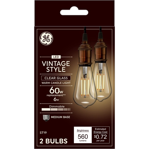 GE Vintage Style LED Light Bulbs, 60 Watt, Clear Finish, ST19 Edison Style Bulbs (2 Pack)