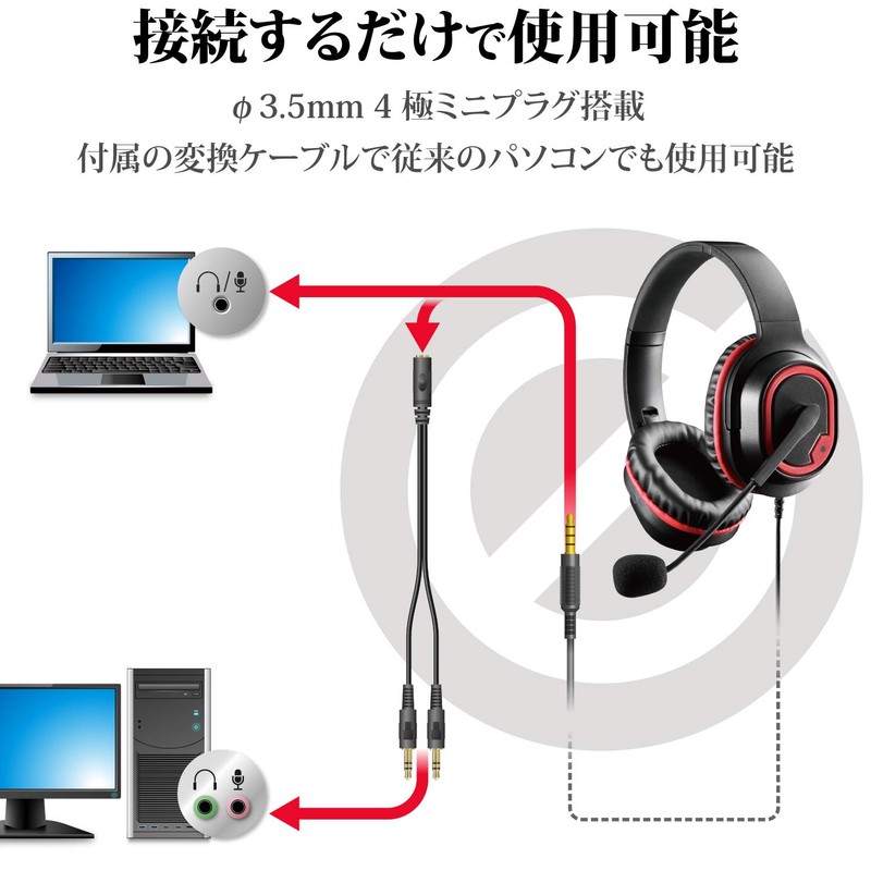 ELECOM HS-G30BK Gaming Headphones, Wired, Over-Ear, Lightweight Model, 6.6 ft