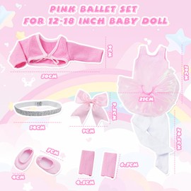Pink Ballet Babypuppenkleidung für 12-18 Zoll Baby Puppen, 12 Stück Puppenkleidung 35-43cm Outfit mit Jacke Tüll Kleid Strumpfhose Schuhe Haarband Haarspange für Puppenkleidung Zubehör Geschenk
