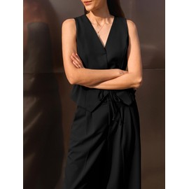 Cicy Bell Womens Business Casual 2 Piece Outfits V Neck Sleeveless Tie Waist Blazer Vest Pleated Wide Leg Suits Pants Sets Black