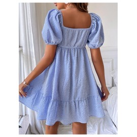 WDIRARA Women's Gingham Mini Summer Dresses Sweetheart Neck Short Puff Sleeve Plaid Ruffle Babydoll Dress Blue and White Medium
