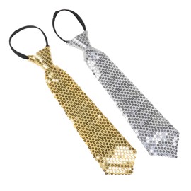NiceYnn 2pcs Sequined Zipper Ties for Men, Glitter Sparkly Paillette Adjustable Pre-Tied Zip Necktie, Shinning Sequins Dance Party Magic Show Stage Performance Costume Tie Gold + Silver