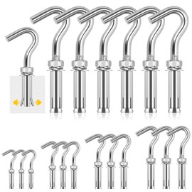 Glarks 6pcs M8 Expansion Hook Set, 304 Stainless Steel Open Cup Hook Screw, Heavy Duty Concrete Hook, Expansion Screw in Hooks, Concrete Wall Hook for Concrete Brick Stone Ceiling Hanging