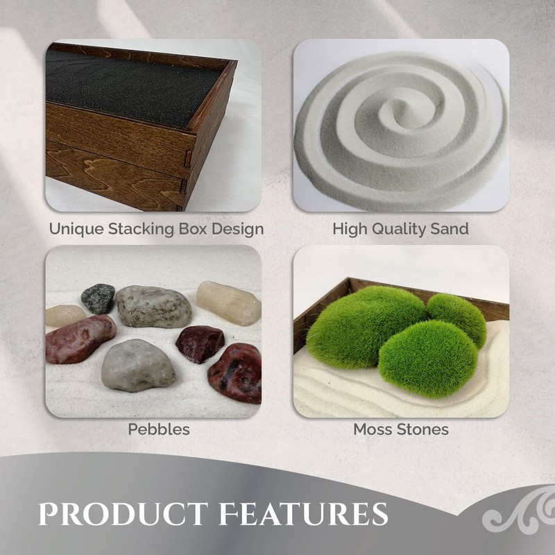 Wooden Stackable Zen Garden | White Sand with Rake &