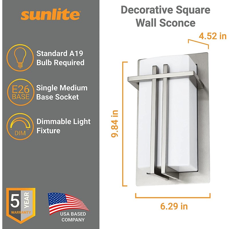Sunlite 46091 Decorative Square Wall Sconce Light Fixture, A19 Bulb,