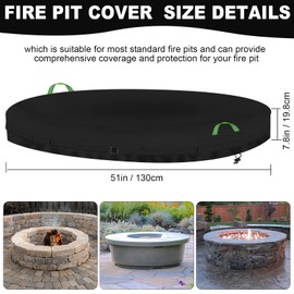 In Ground Fire Pit Cover,Large Round Built In Stone Fire Pit Covers with Fluorescent Handles and Buckle Strap,600D Oxford Waterproof Dustproof and Snowproof ,Black (Black, Round 51*7.8in)