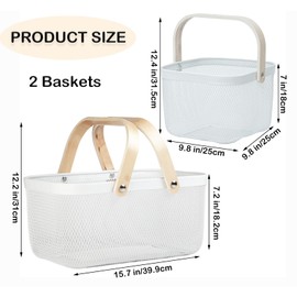 Cheardia 2 Pack Picnic Baskets, Metal Mesh Harvest Basket with Foldable Wooden Handle, Rectangle Garden Storage Basket Bin for Vegetable Fruit Garden Kitchen Cabinet Picking Gathering, White