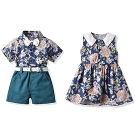 FAXSON Baby Boys Girls Brother and Sister Matching Outfits Clothes Floral Gentleman Shorts Set(Blue boy,110/4T)