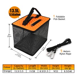 Dovesun Floating Fishing Basket, Collapsible Fish Basket Portable Fishing Net Quick-Drying Rubber Coated Fishing Bait Storage Cage 5 Gallons