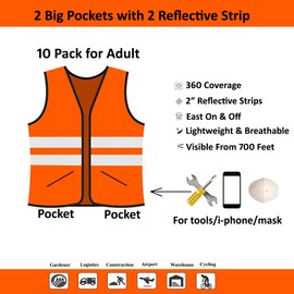 Lavori-AK Orange Safety Vests 10 Pack,Reflective High Visibility Construction Working Vest for Men,Woman,Pockets,Hi Vis Mesh and Neon Silver Strip