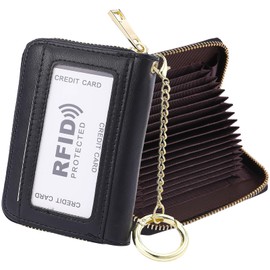 WAAYAA RFID Blocking Credit Card Holder, 20 Card Slots Large Capacity Accordion Card Wallet, Leather Card Case with Removable Keychain and ID Window - Oil Wax Leather,Black