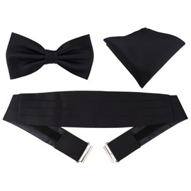 TigerTie Cummerbund Pocket Square Satin Bow Tie Plain Sash Waistband, black