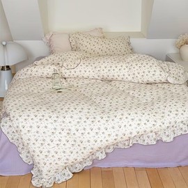 BuLuTu Muslin Cotton Kids Duvet Cover Twin Size, 68"x86", Shabby Chic Crape Flower Design Girls Quilt Cover Vintage Princess Style Bedding Ruffled Comforter Cover Floral Print, No Pillowcase