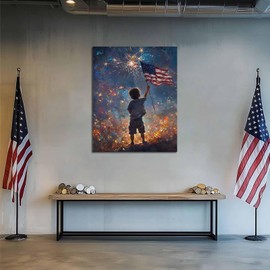 FOTRIC 4th of July Canvas Wall Art Boy with American Flag and Fireworks Pictures Wall Decor Patriotic USA Independence Day Canvas print Americana Modern Home Wall Decor Wooden Frame 8x10 inch