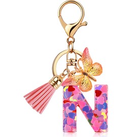 Initial Letter Keychain for Women Gift Cute Butterfly Tassel Resin Keychain Wallet Car Backpack Handbag Charm Accessories