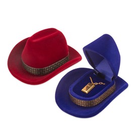 ZORZA 2Pcs Unique Cowboy Hat Jewelry Box - Fashionable Velvet Ring Display Storage Case for Wedding Ceremony Engagement (Blue)