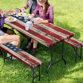 Fuojuvelie American Flag Picnic Table Cover with Bench Covers Windproof Camping Fitted Tablecloth Reusable Picnic Table Cloths for Outdoor,Picnic,Camping 94x30 Inches 3 Pcs Set