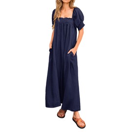 KIRUNDO Women 2025 Summer Maxi Dress Casual Loose Puff Sleeve Square Neck Maternity Flowy Long Beach Dresses with Pockets(Navy, X-Large)