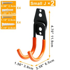 KURUI Heavy Duty Garage Hooks for Hanging, 2 Pack Garage Storage Hooks for Ladder Extension Cord Tool Cable, Wall Mount Small Utility J Hooks, Garage Hanger&Organizer