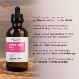 Grapefruit Pink Essential Oil by Velona - 4 Fl Oz | Therapeutic Grade 100% Pure and Natural | for Aromatherapy Diffuser, Massage, Skincare, Haircare, Soapmaking | Undiluted in Glass Bottle