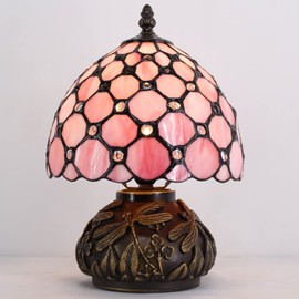 WERFACTORY Small Tiffany Lamp Desk Pink Stained Glass Pearl Bead Mushroom Table Lamp Bronze Mini Accent Lamp W8H11 Inch S005P Series