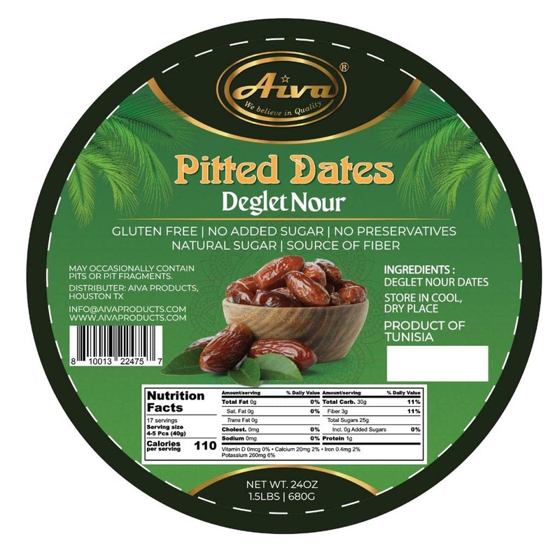 Aiva Tunisian Pitted Dates - 24 ounce Jar, All Natural,